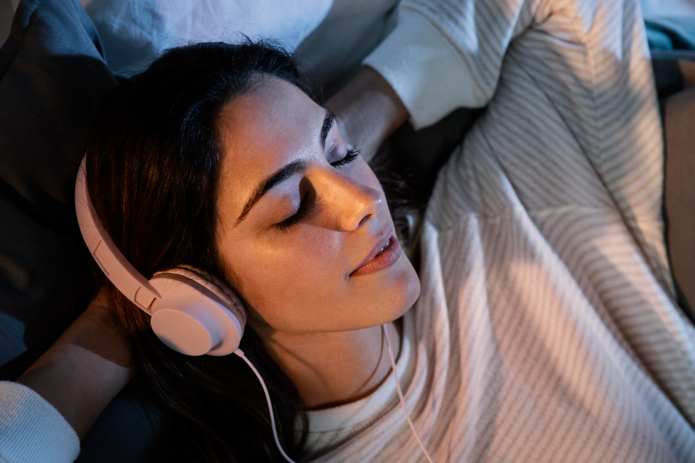 woman using headphones for music at home in bed