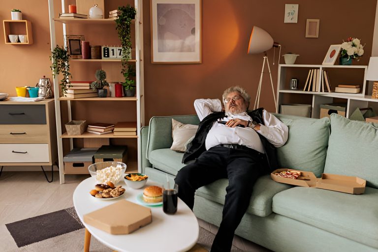 man sleeping on a couch, next to a box of pizza and a coffee table filled with comfort food