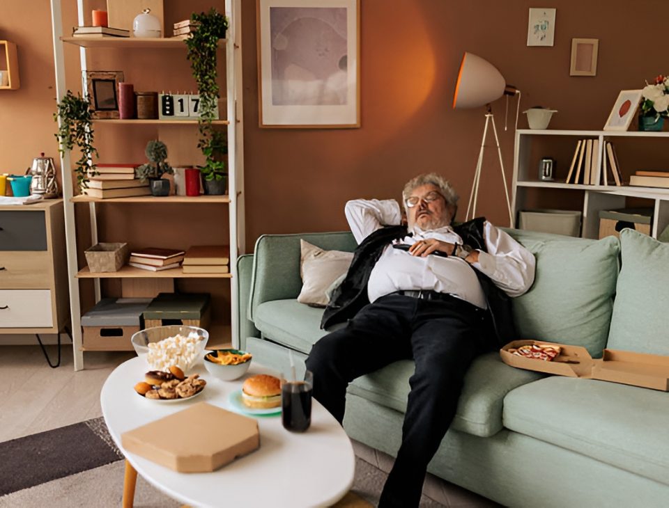 man sleeping on a couch, next to a box of pizza and a coffee table filled with comfort food